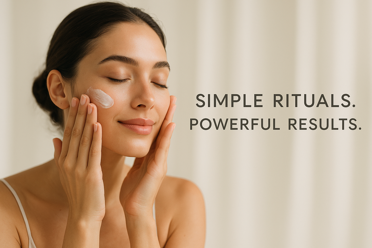 a skincare banner mentioned text as " SIMPLE RITUALS. POWERFUL RESULTS. and a women applying a moisturizer on her face. No product should be there. 